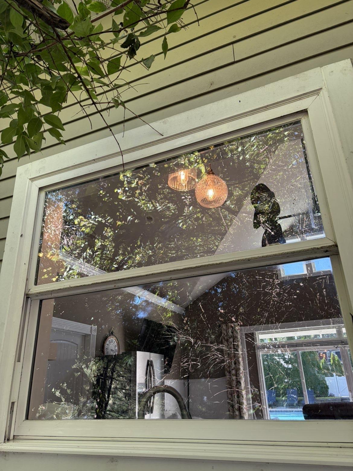 After cleaning: Window reflecting hanging lights beside light-colored siding