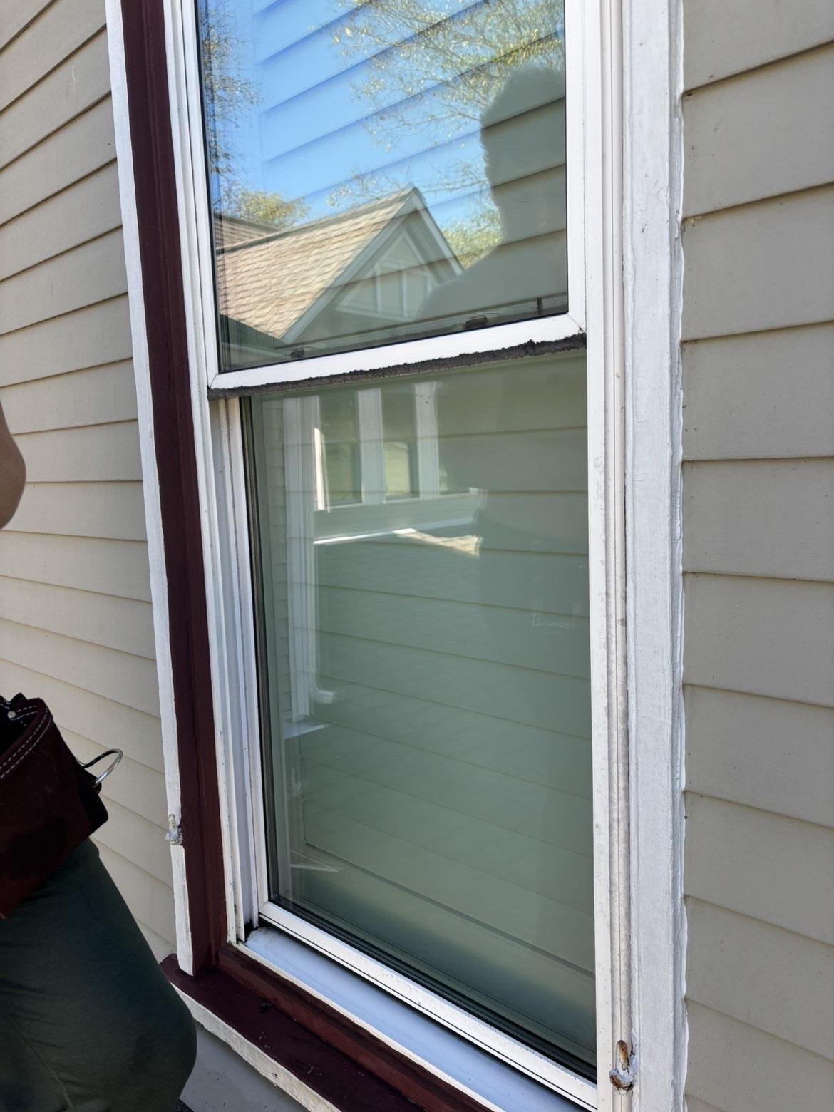After cleaning: Open sash window beside light-colored siding