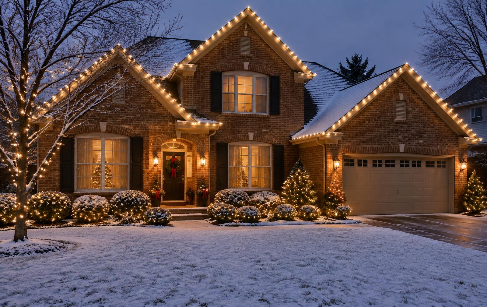 Home with Christmas lights installed